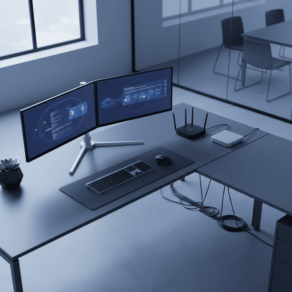 Computer peripherals arranged on a work desk