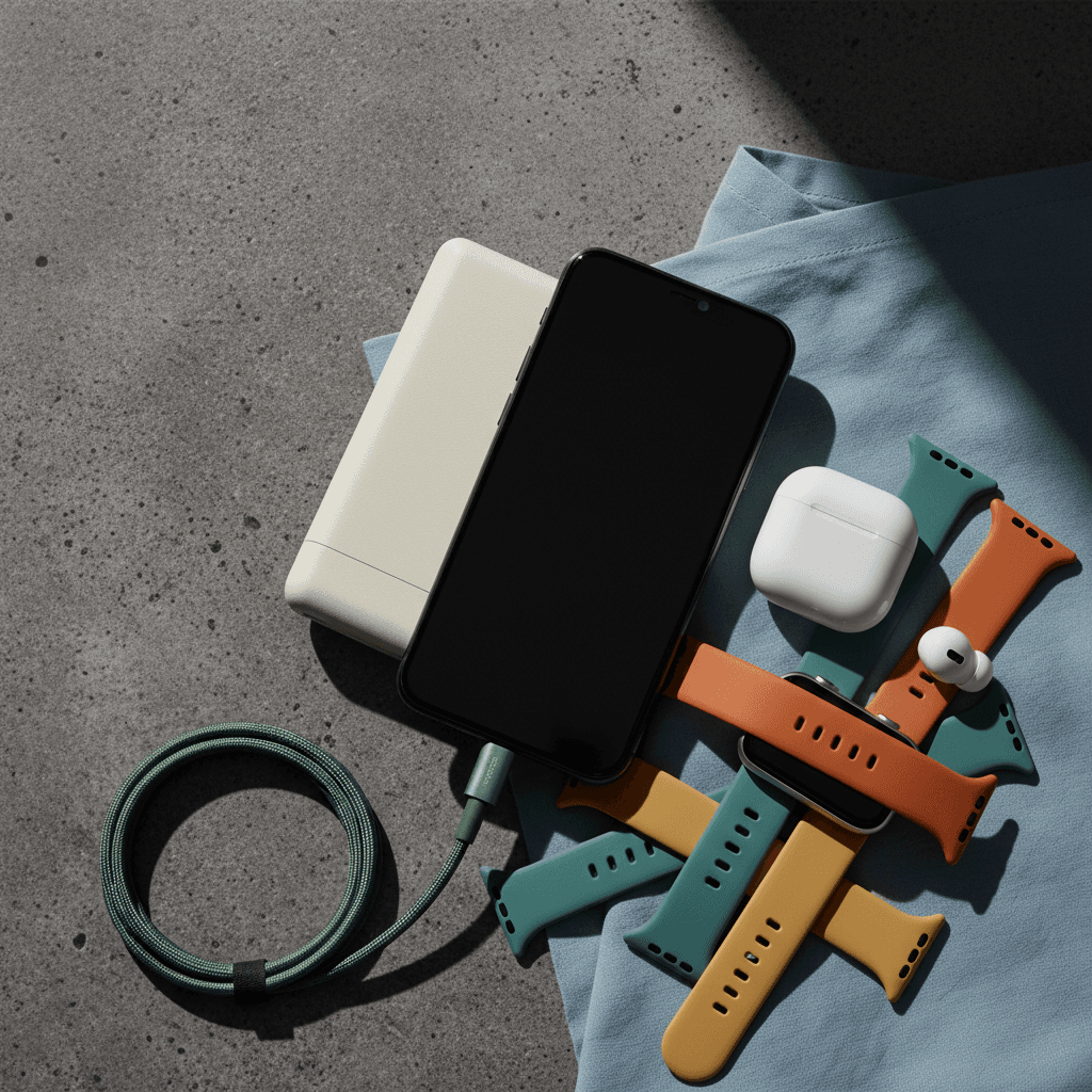 Tech gadgets and smartphone accessories in artistic arrangement