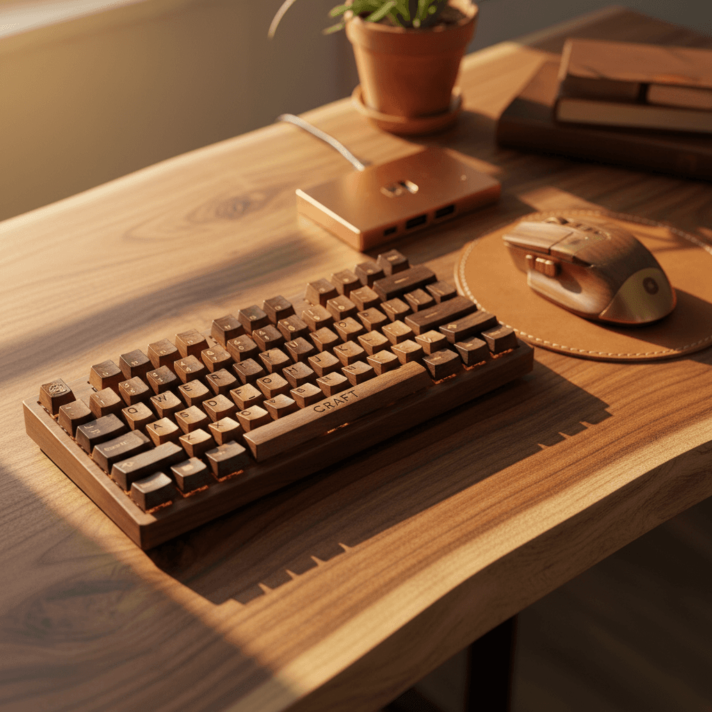 Computer peripherals including keyboard and mouse on wooden surface