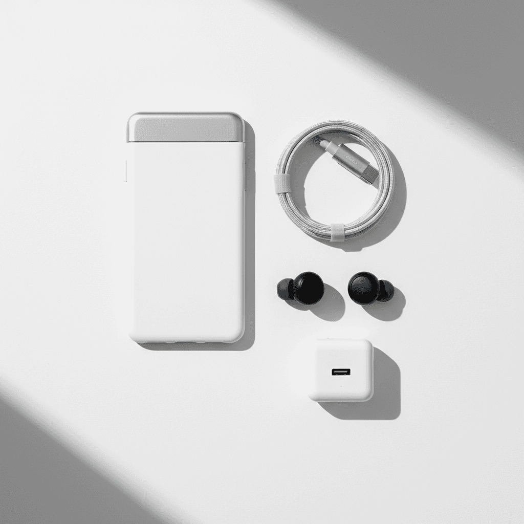 Electronic accessories and charging cables neatly arranged
