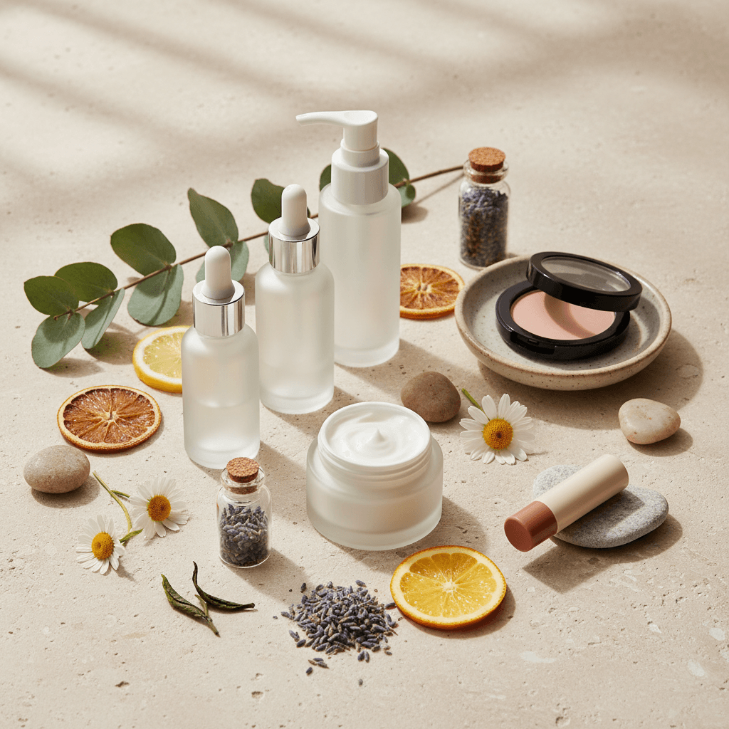 Health and beauty products displayed with natural ingredients