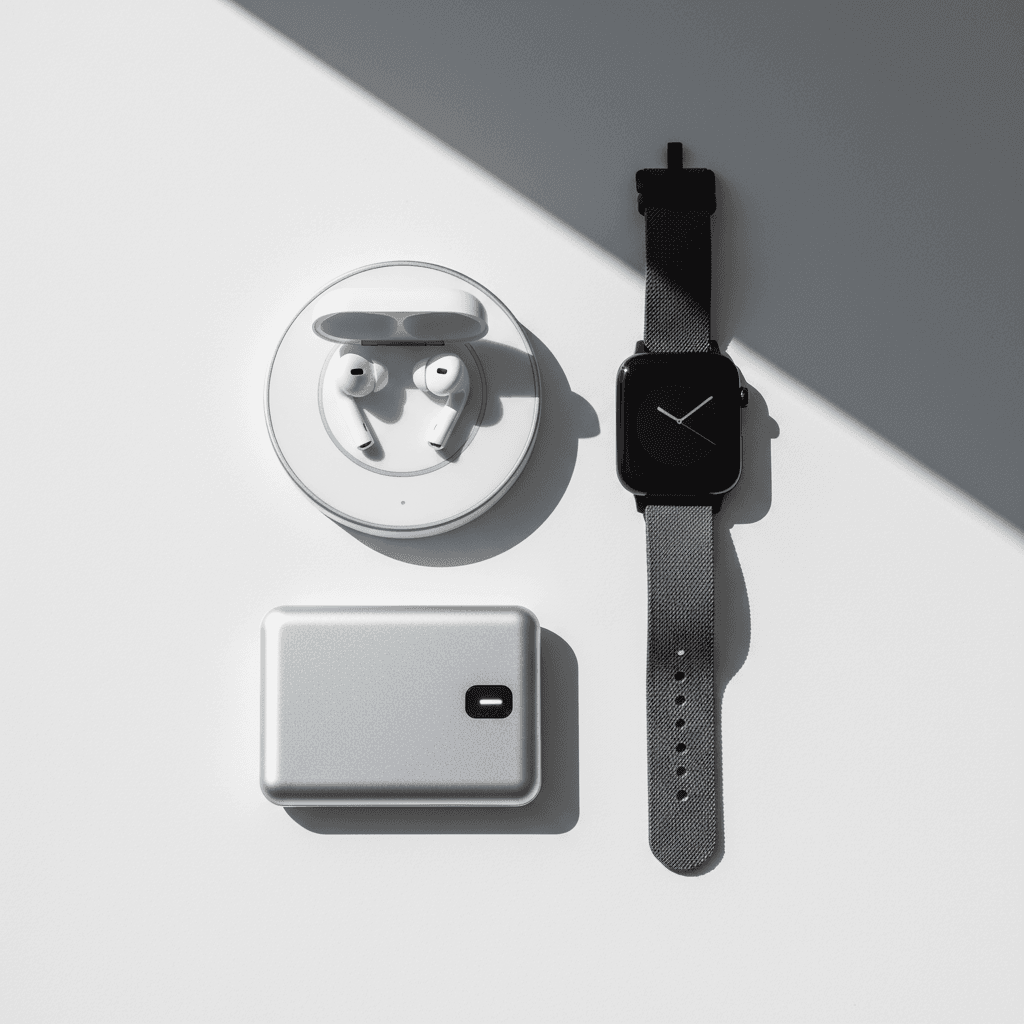 Curated selection of electronic accessories and tech gadgets arranged on a clean surface
