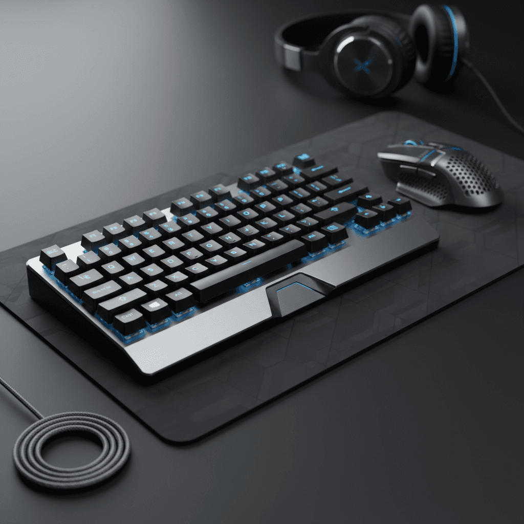 Computer peripherals including mouse, keyboard, and headset